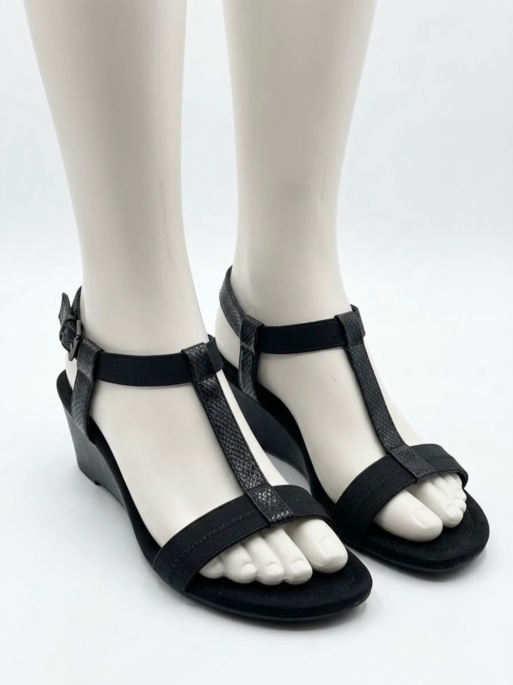 Black T-Strap Wedge Sandals - Women